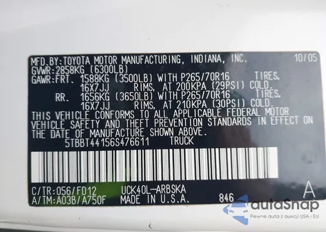 2006 Toyota Tundra Sr5 V8 z USA, uszkodzony, nr VIN 5TBBT44156S476611